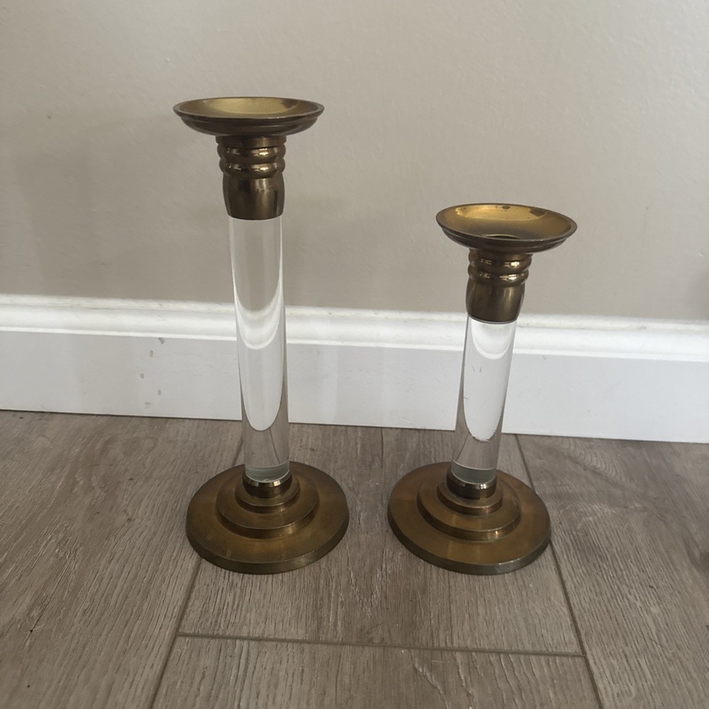 Vintage 2 Brass Lucite Candle‎ Holders Taper Mid Century MCM 7" & 9"